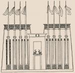 Пилоны египетского храма с флагами на мачтах, на стенной росписи Нового Царства // Bonnet, 1952, Tempel, S. 785, Abb. 188